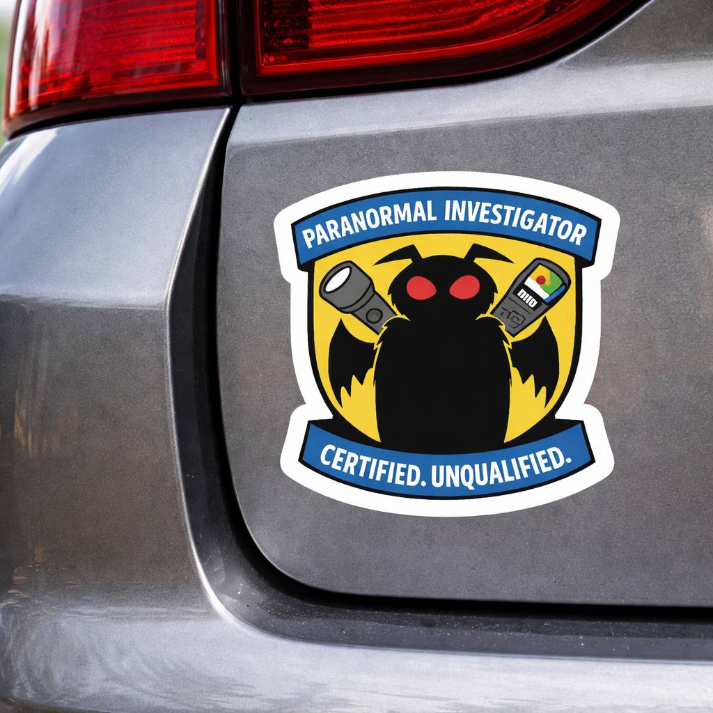Paranormal investigator sticker on a car's rear bumper