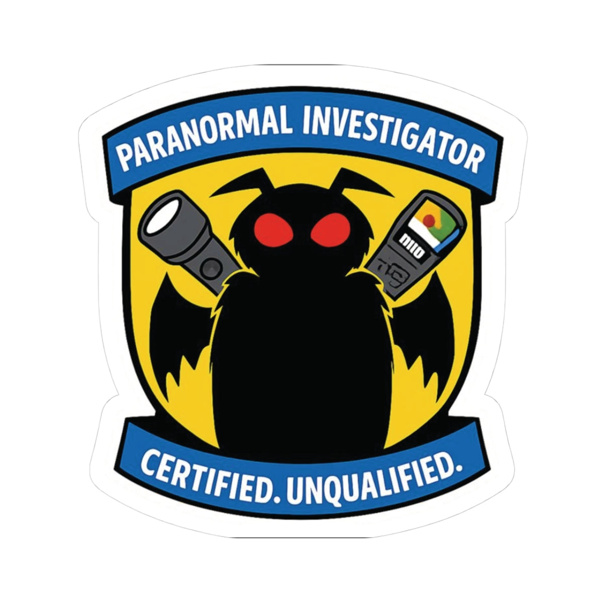 Paranormal investigator badge with a black mothman holding a flashlight and device, on a yellow background.