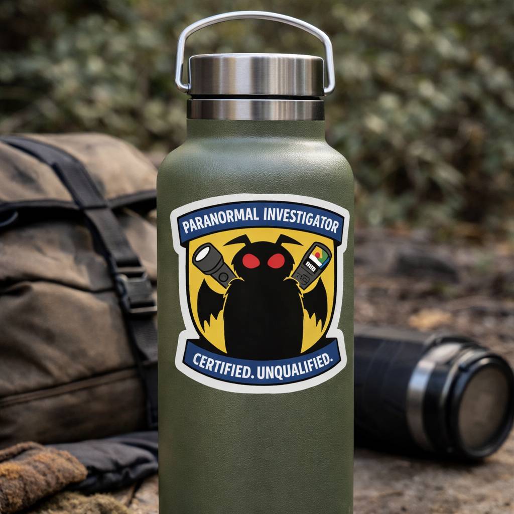 Green water bottle with paranormal investigator sticker in outdoor setting