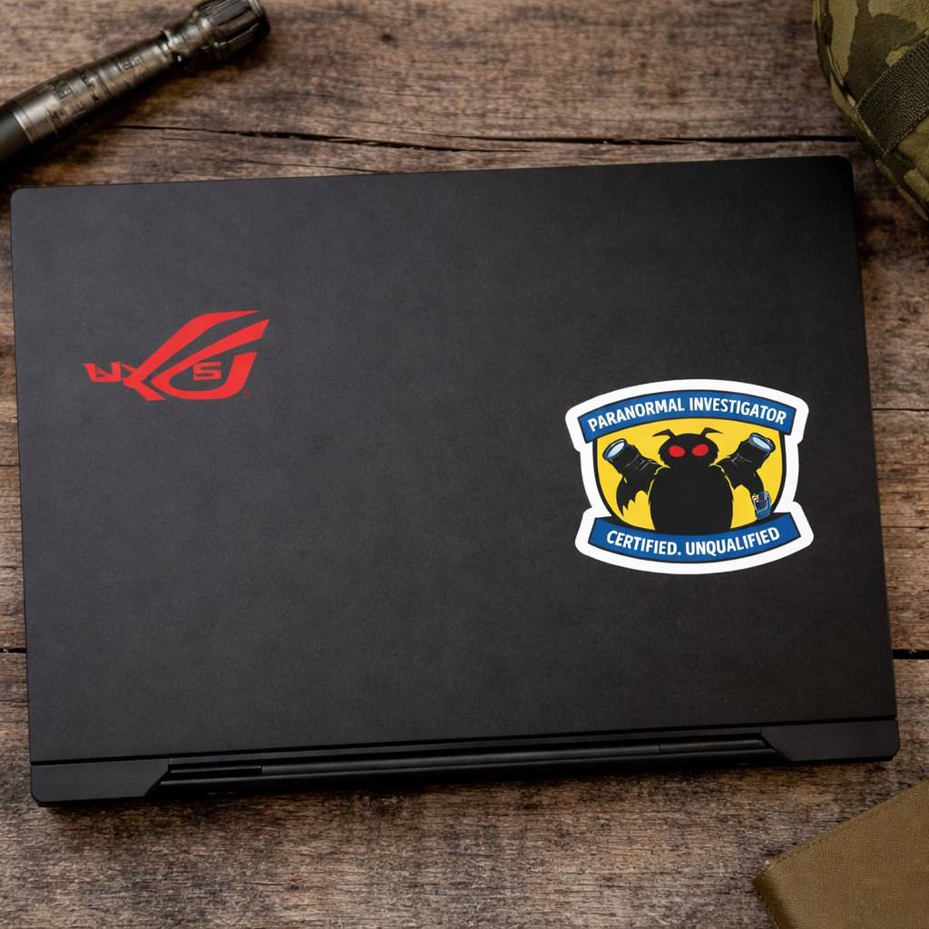 Black laptop with ASUS logo and 'Paranormal Investigation' sticker on a wooden surface
