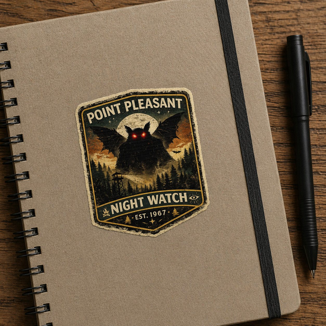 Notebook with a mothman 'Point Pleasant Night Watch' patch on a wooden surface with a pen.