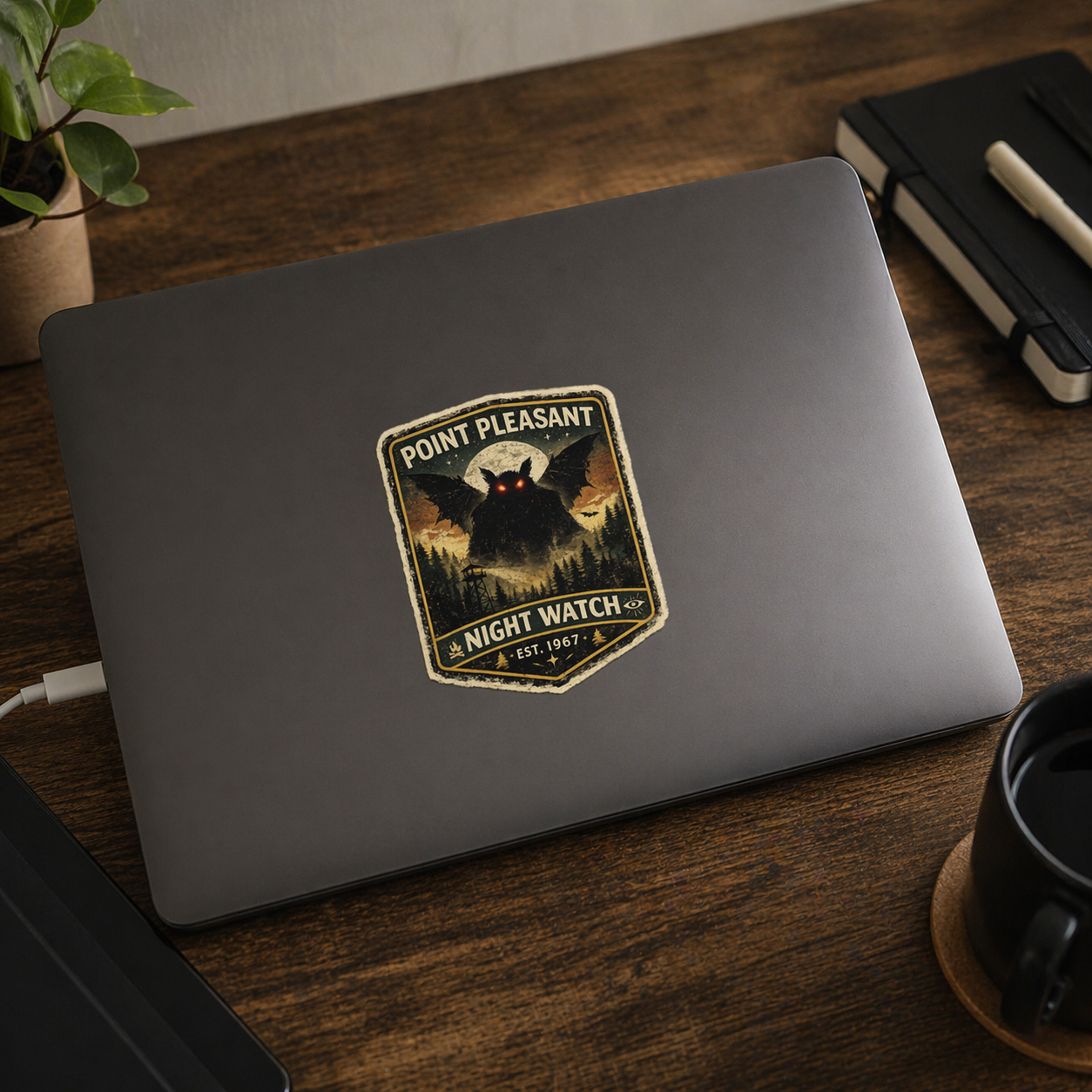 Laptop with a mothman 'Point Pleasant Night Watch' sticker on a wooden surface
