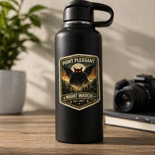 Black water bottle with 'Point Pleasant Night Watch' logo on a wooden surface with a camera and plant in the background.