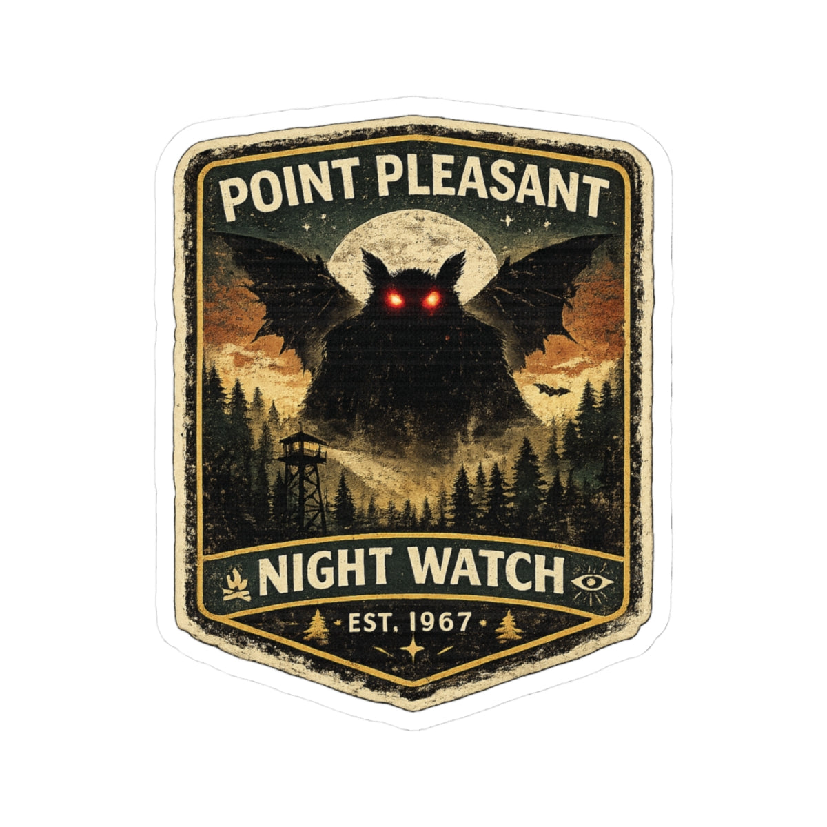 Vintage-style badge with a mothman-like creature, trees, and 'Point Pleasant Night Watch' text on a white background.