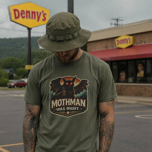 Person wearing a green t-shirt with 'Mothman Was Right' design in front of a Denny's restaurant.