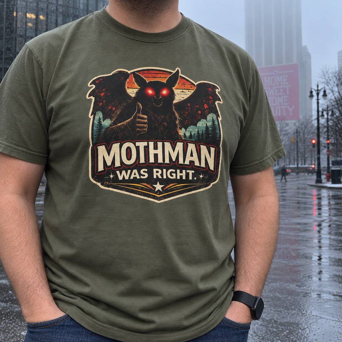 A man wearing an olive green t-shirt with a 'Mothman Was Right' graphic print, standing on a wet city street in the rain.