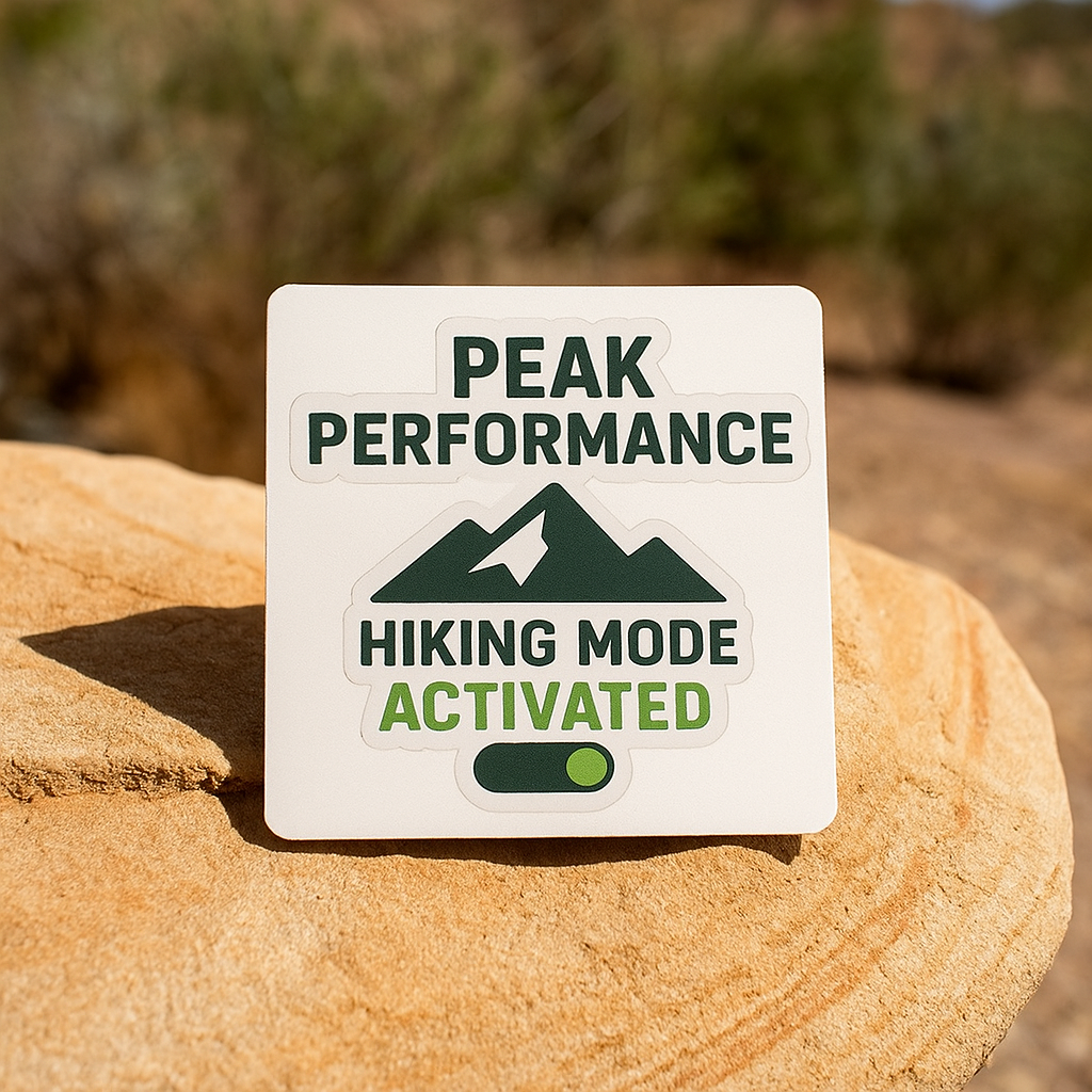 Sticker with 'Peak Performance Hiking Mode Activated' text on a rock with a natural background