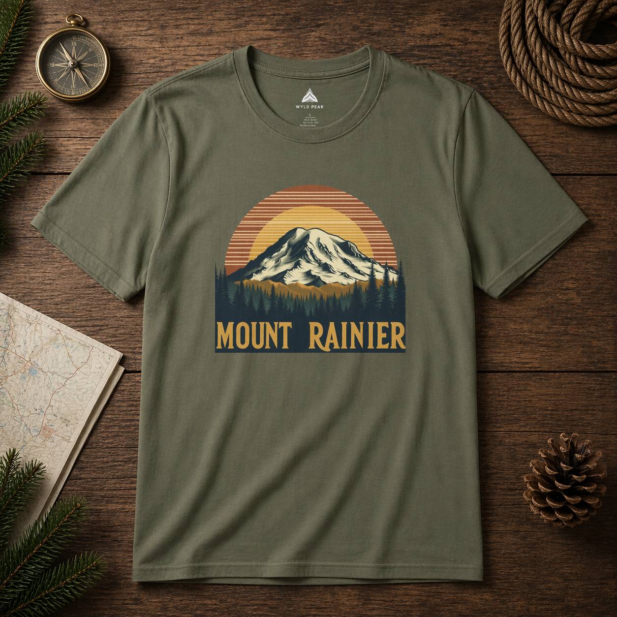 Green t-shirt with Mount Rainier design on a wooden surface with nature-themed items.