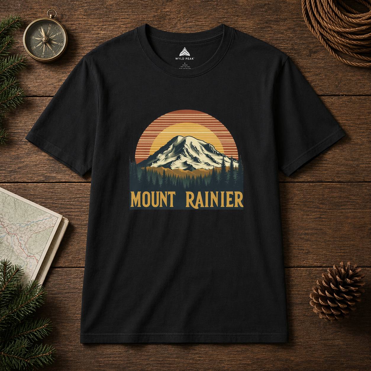 Black t-shirt with Mount Rainier graphic on a wooden surface with nature-themed decor.