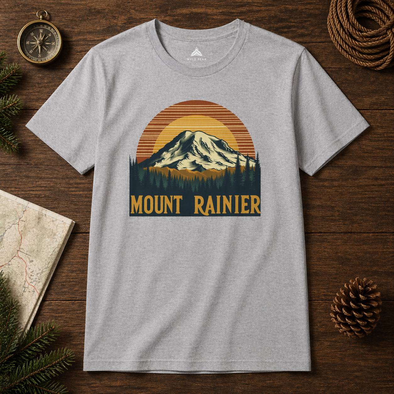 Gray t-shirt with Mount Rainier graphic on a wooden surface with nature-themed items.