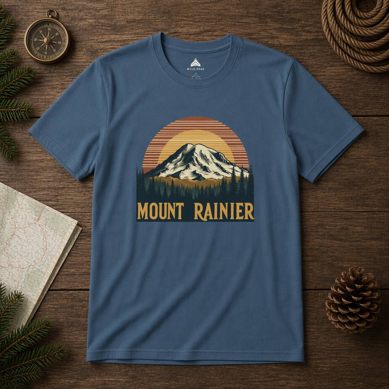 Blue t-shirt with Mount Rainier graphic on a wooden surface with nature-themed items.