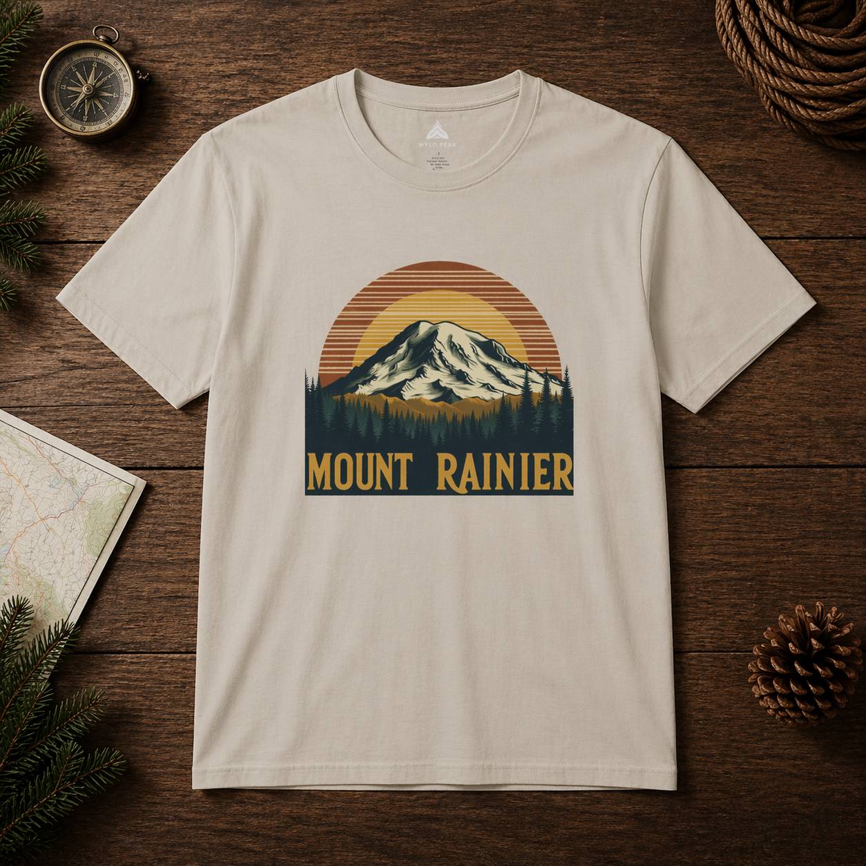 Beige t-shirt with Mount Rainier graphic on a wooden surface with nature-themed decorations.