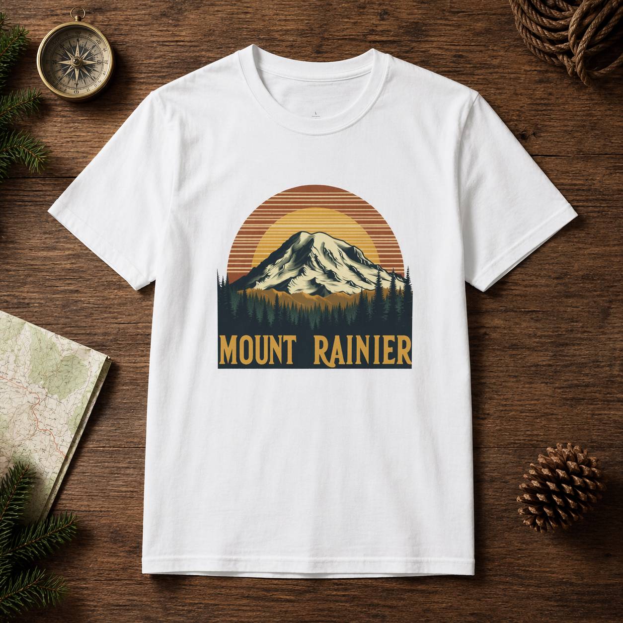 White t-shirt with Mount Rainier graphic on a wooden surface with nature-themed decor.