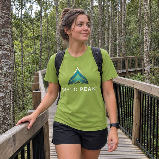 A woman wearing a green t-shirt with a 'WYLD PEAK' logo stands on a wooden boardwalk surrounded by a forest.
