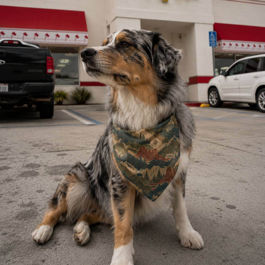 Dog wearing a bandana in a parking lot with cars and a building in the background