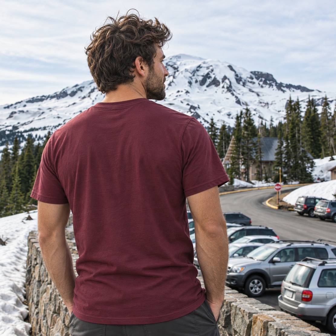 A man viewed from behind wearing a maroon short-sleeve crewneck t-shirt, standing outdoors in front of a snowy mountain and parking lot.
