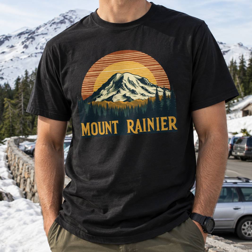 A man wearing a black t-shirt with a retro-style graphic of Mount Rainier and a sunset, photographed outdoors in a snowy mountain setting.