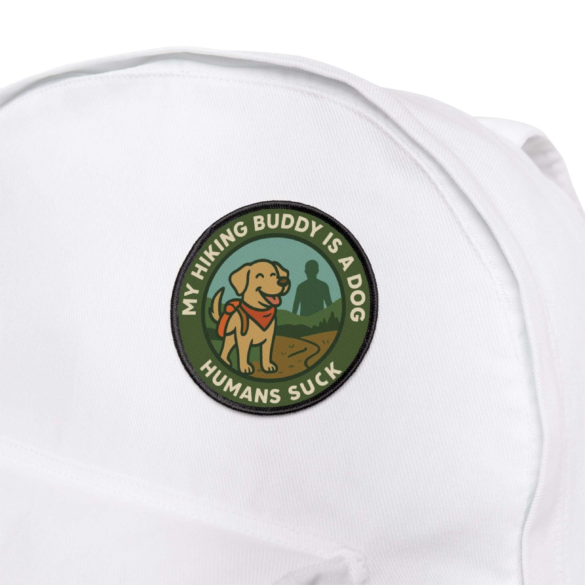 My Hiking Buddy Is a Dog patch on white backpack - gear patch for dog lovers
