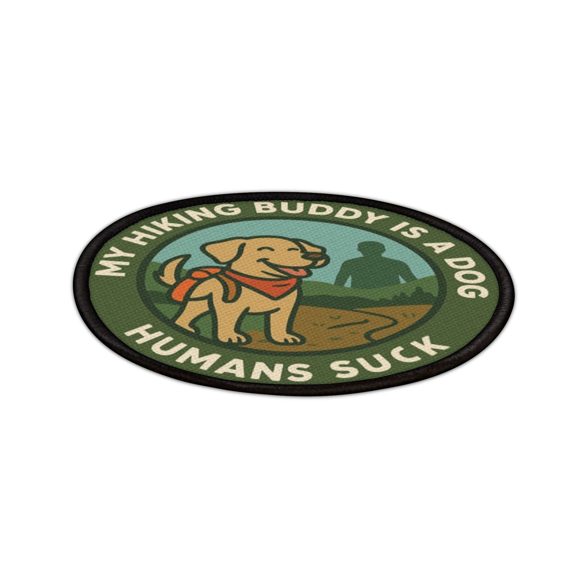 Close angled view of My Hiking Buddy Is a Dog patch - stitching & texture detail