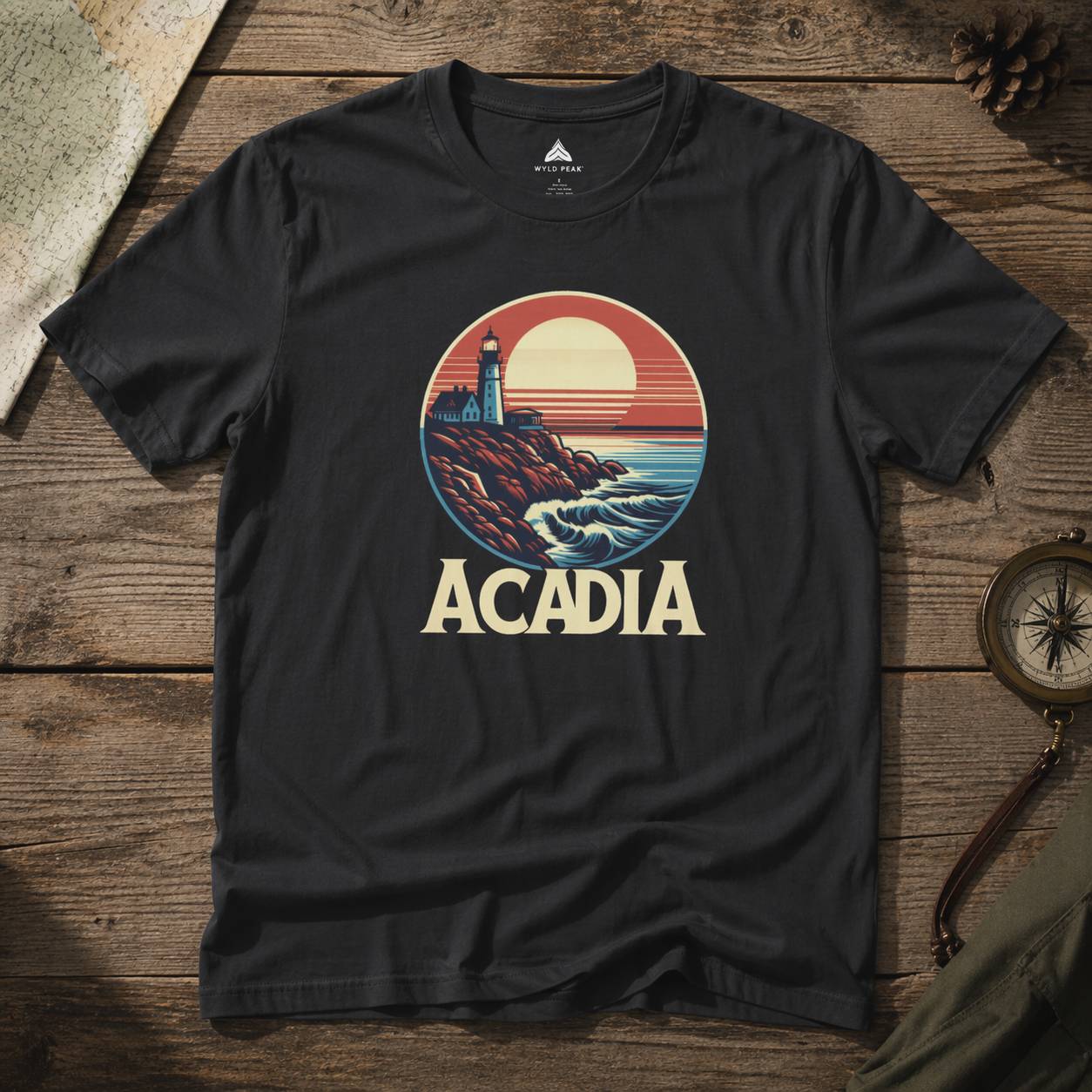 Black t-shirt with 'Acadia' graphic design on a wooden surface
