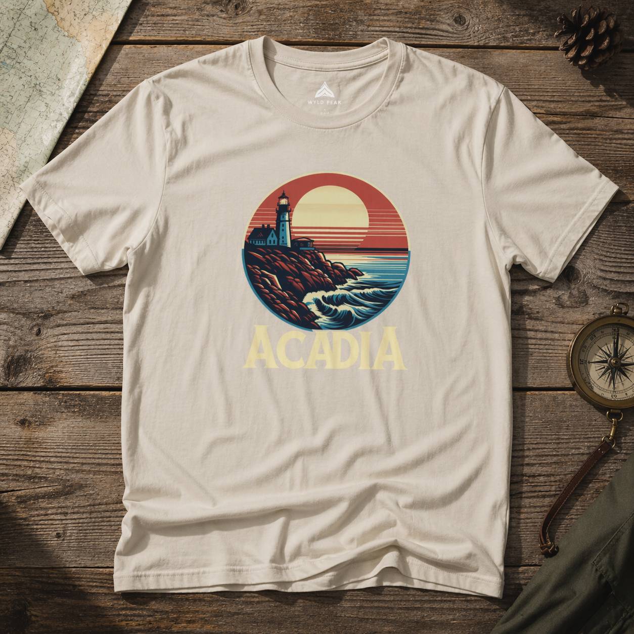Beige t-shirt with 'Acadia' graphic design on a wooden surface