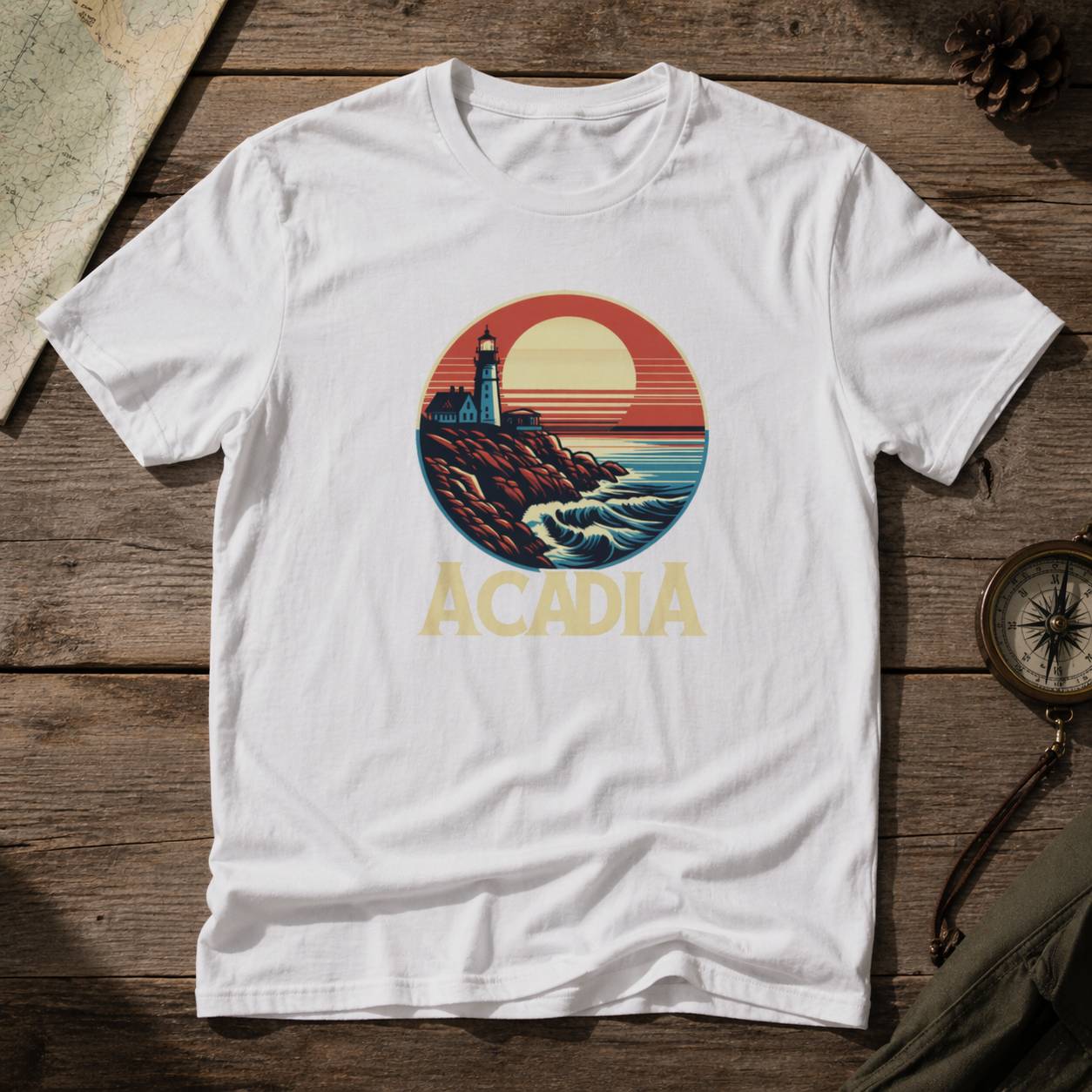White t-shirt with 'Acadia' graphic design on a wooden surface