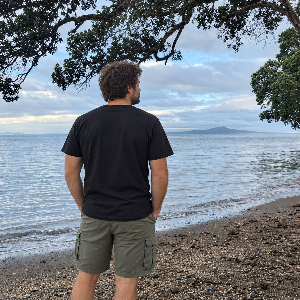 A man stands on a pebble beach facing the ocean, viewed from behind. He is wearing a black short-sleeve t-shirt and olive green cargo shorts, with a cloudy sky and a tree branch framing the top of the image.