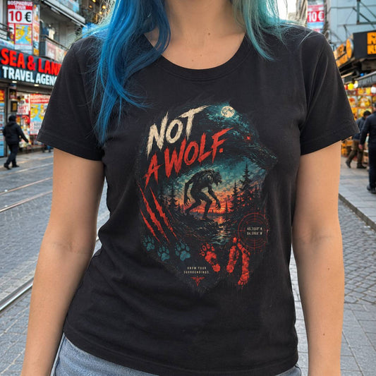 A person wearing a black graphic t-shirt with a 'NOT A WOLF' werewolf design, standing on a city street.