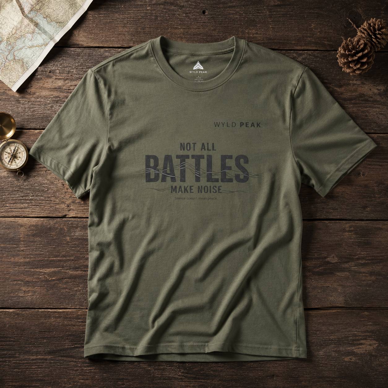 Green t-shirt with text on a wooden surface