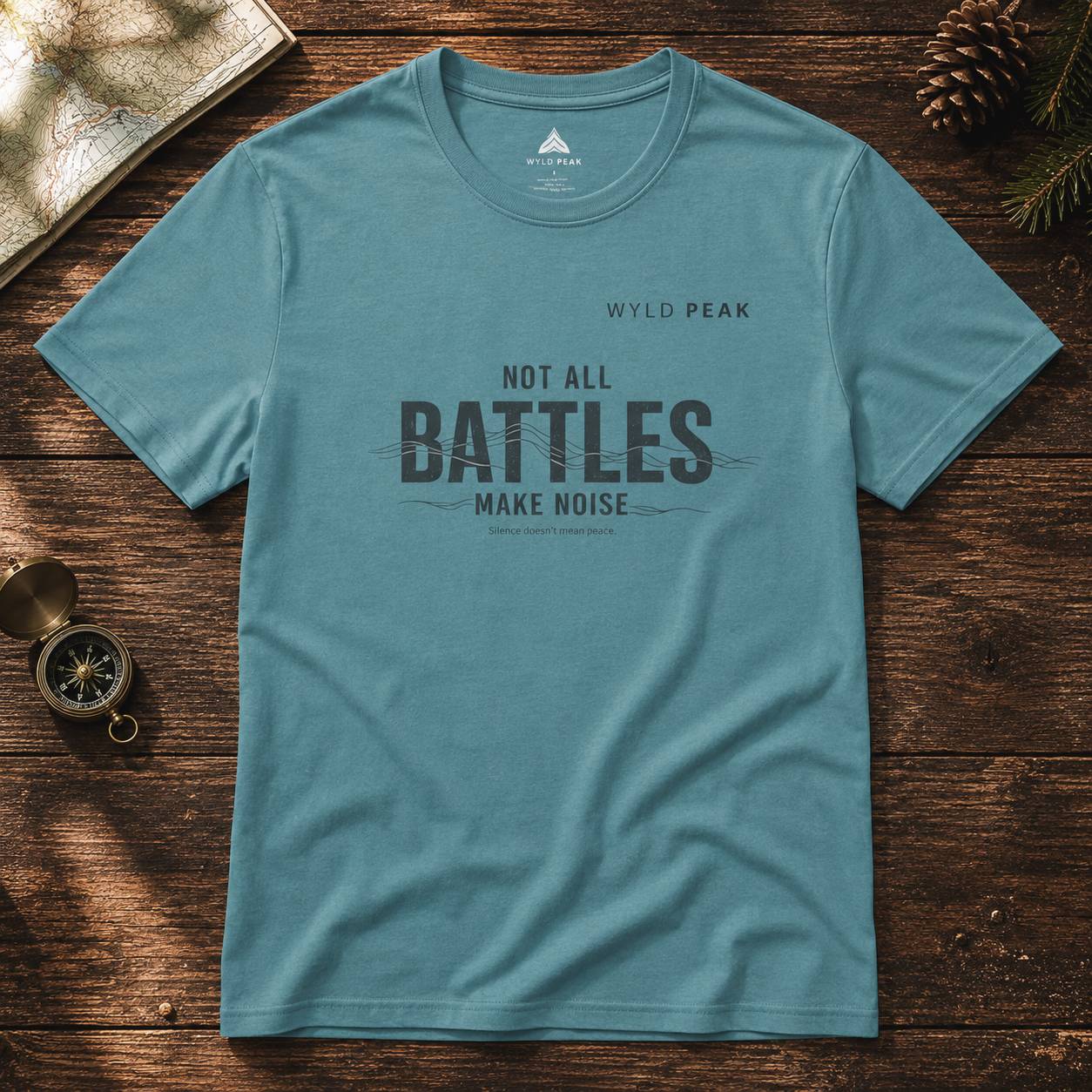 Blue t-shirt with motivational quote on a wooden surface