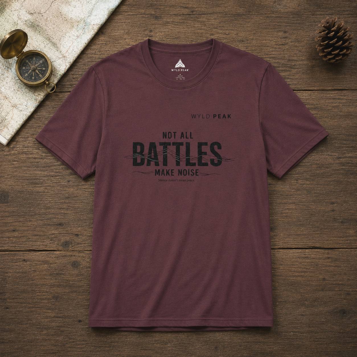 Maroon t-shirt with text on a wooden surface