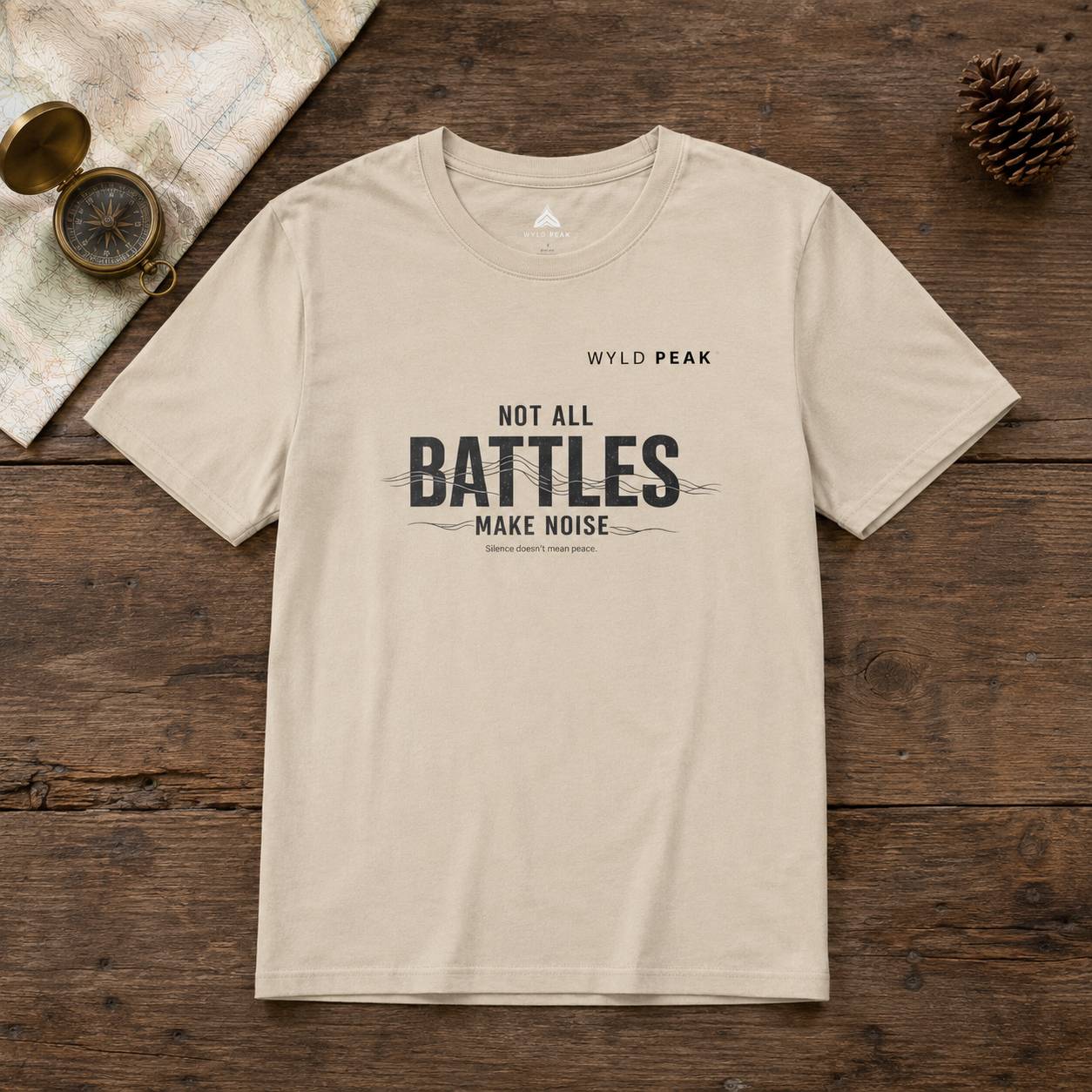 Beige t-shirt with 'Wyld Peak' text on a wooden surface with map and compass.
