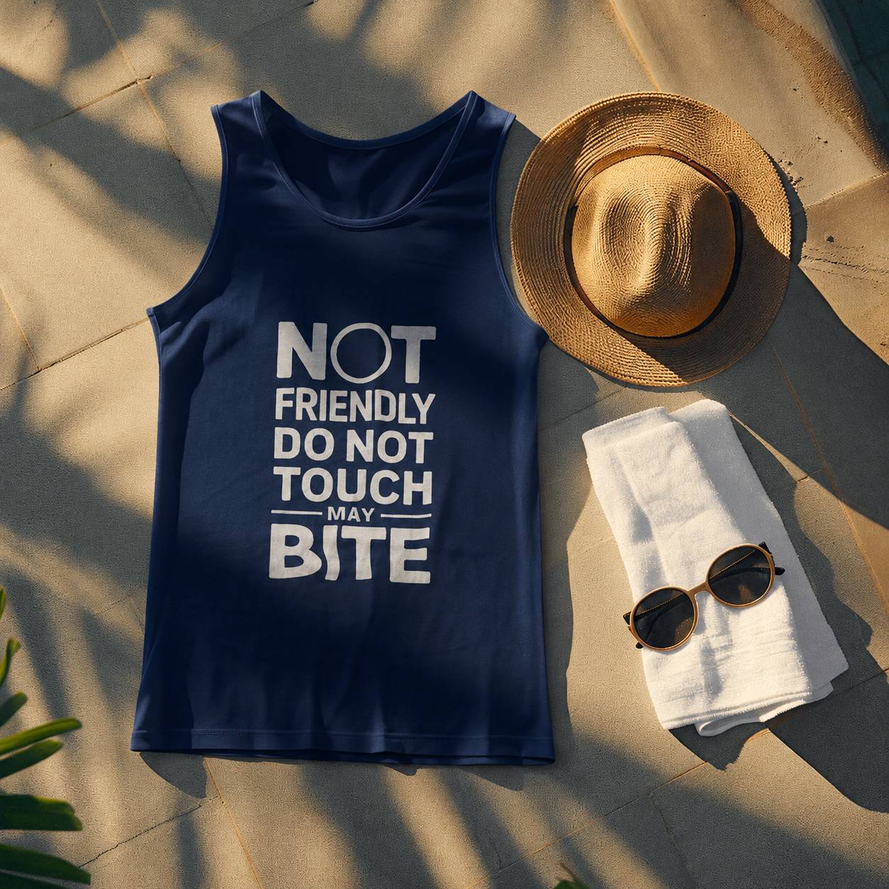 Navy blue tank top with text, straw hat, sunglasses, and towel on a sandy surface