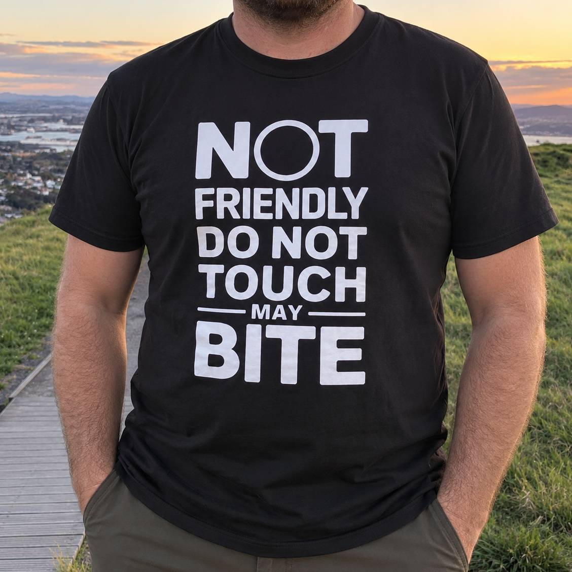 A man wearing a black t-shirt with a bold white graphic print that reads 'NOT FRIENDLY DO NOT TOUCH MAY BITE', photographed outdoors against a scenic sunset background.