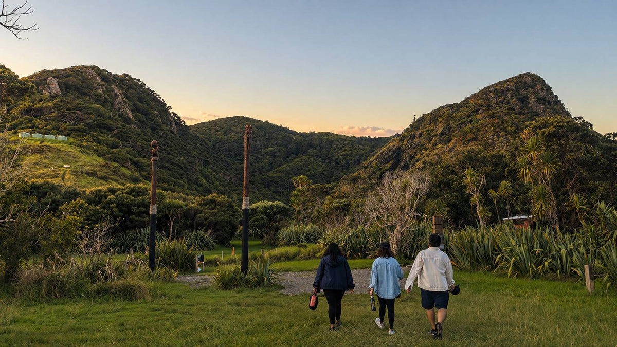 Three people walking along a path in a scenic landscape with mountains and greenery at Omanawanui.