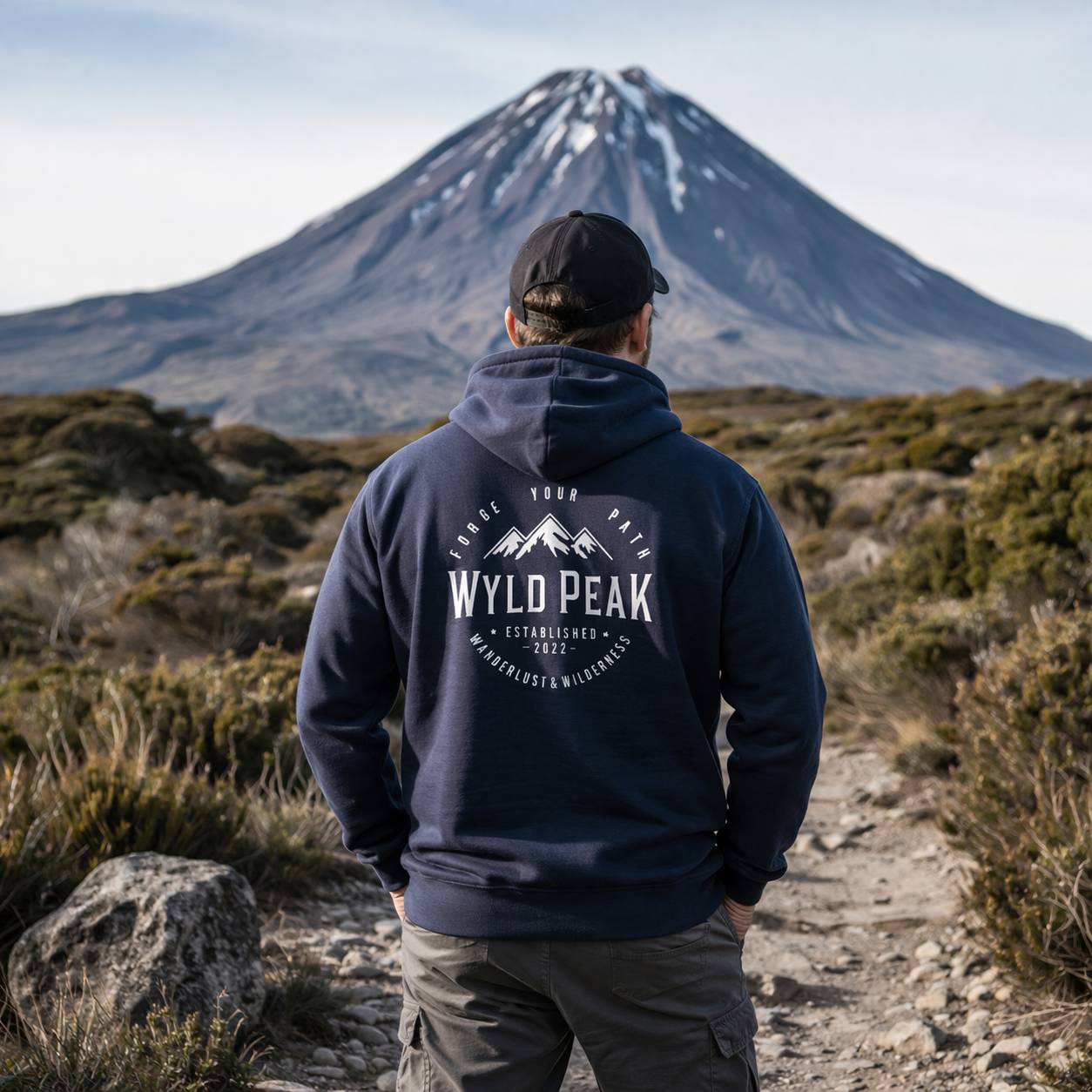 Person wearing a navy hoodie with 'Wyld Peak' branding, standing on a trail with a mountain in the background.