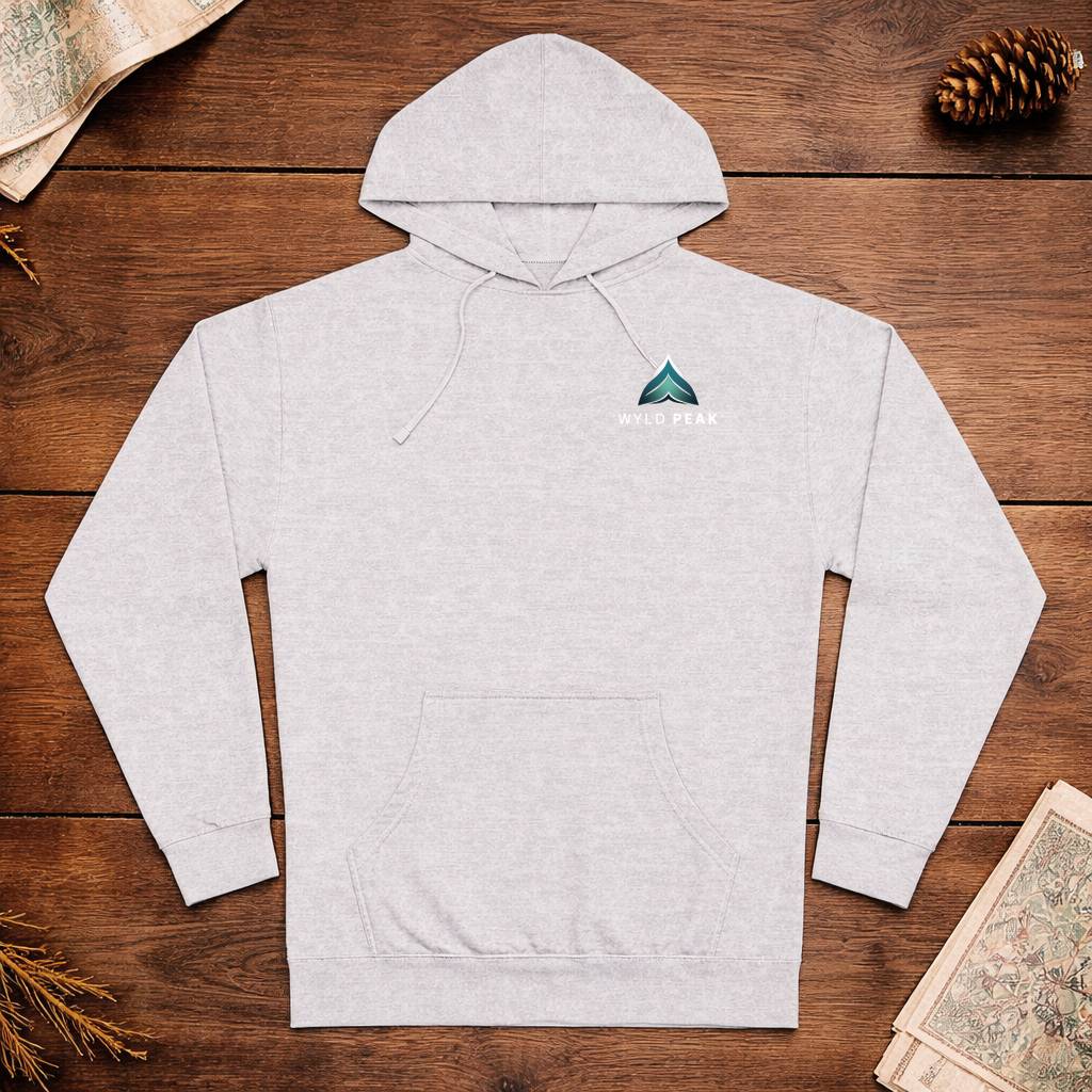 Gray hoodie with a small logo on a wooden surface