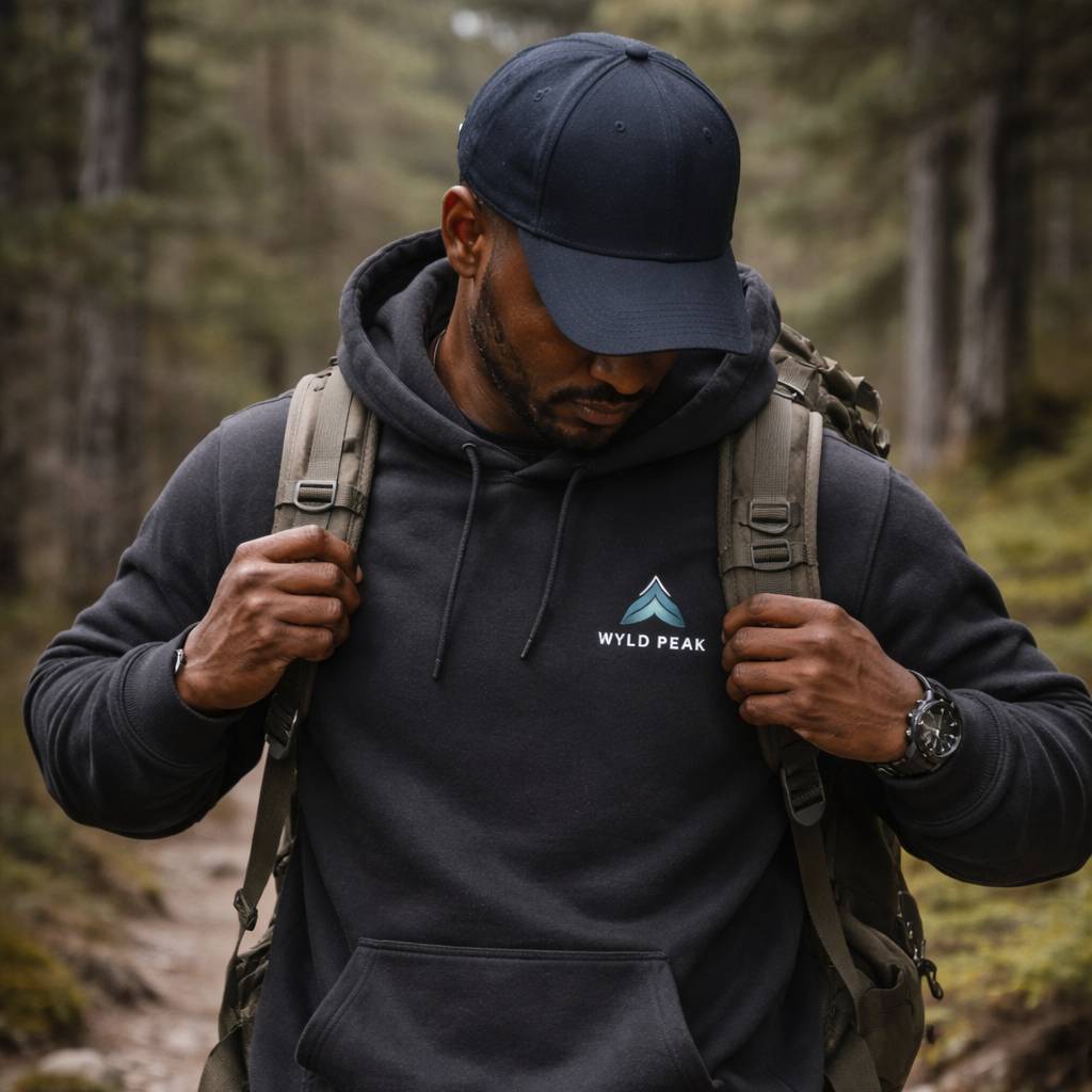 Man wearing a dark hoodie with 'Wyld Peak' logo and a backpack in a forest setting