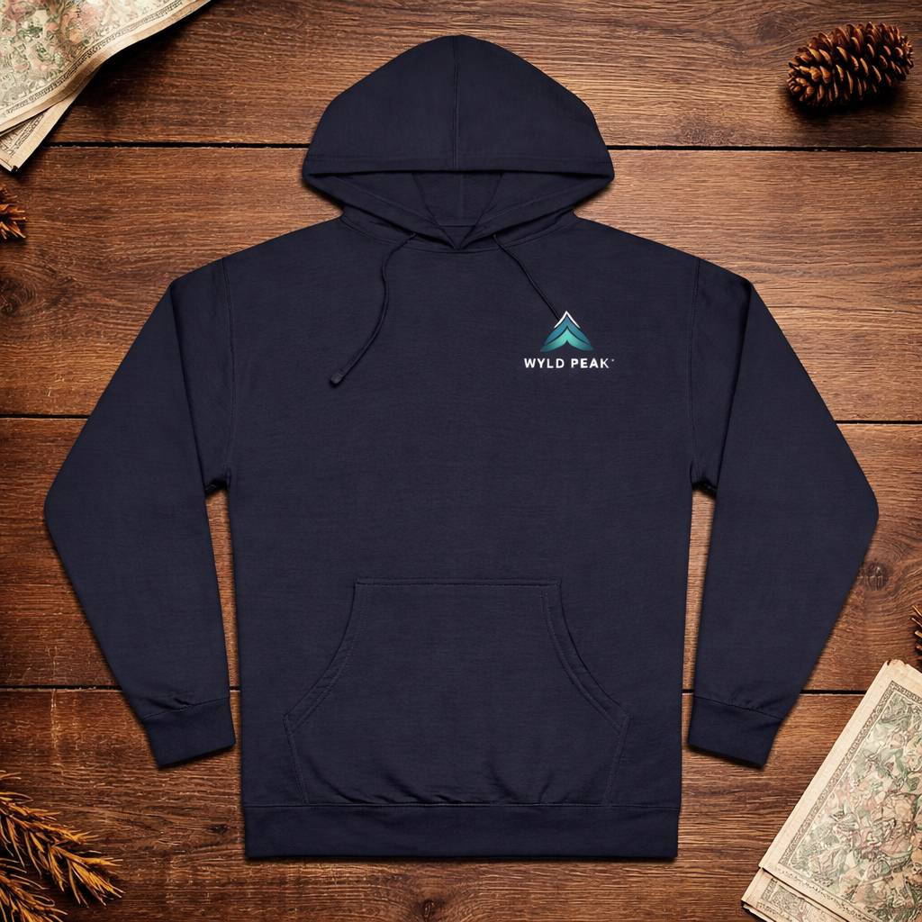 Navy blue hoodie with a logo on a wooden surface