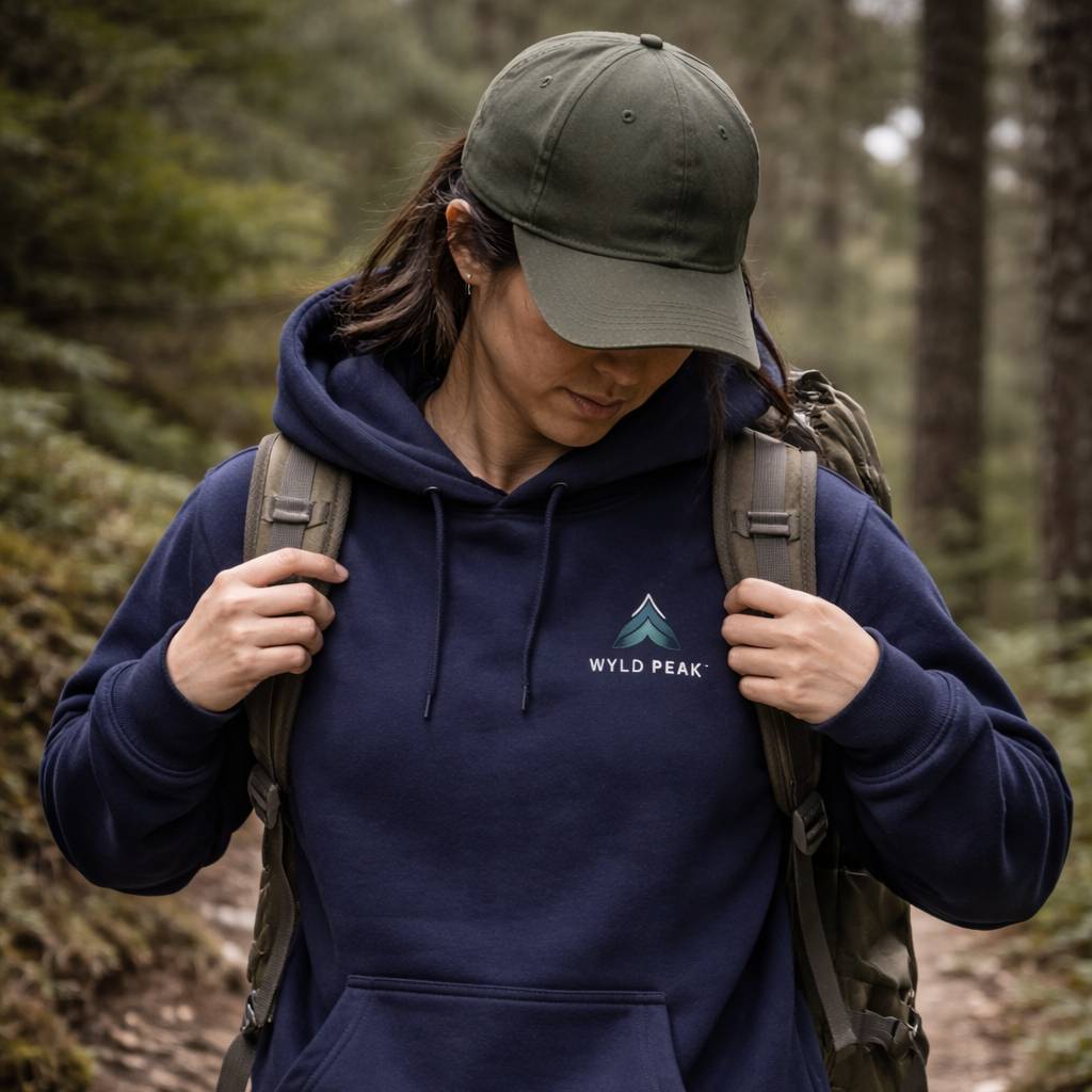 Person wearing a navy hoodie with 'Wyld Peak' logo, holding a backpack in a forest setting