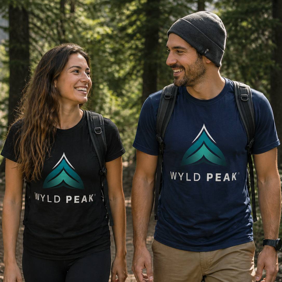 Two people wearing Wyld Peak t-shirts in a forest setting