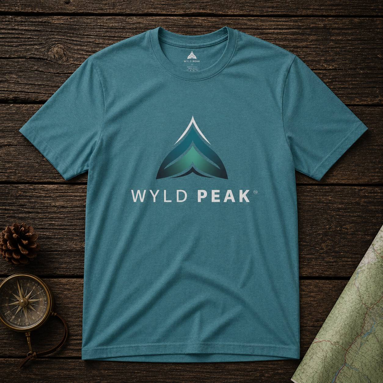 Blue t-shirt with 'Wyld Peak' logo on a wooden surface