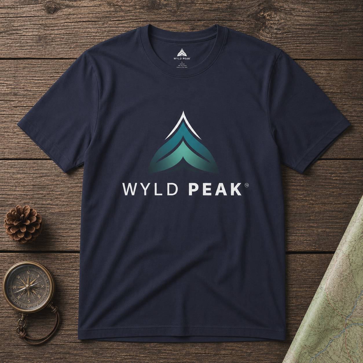 Navy blue t-shirt with Wyld Peak logo on a wooden surface