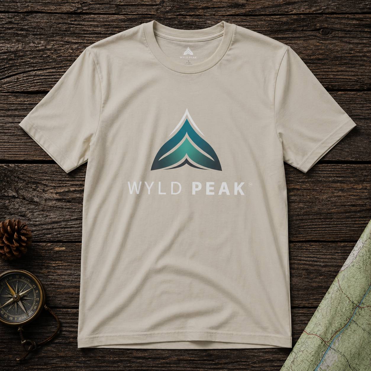 Beige t-shirt with Wyld Peak logo on a wooden surface with nature-themed items.