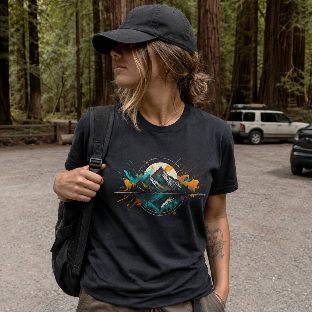 Person wearing a black t-shirt with a mountain graphic in a forest setting