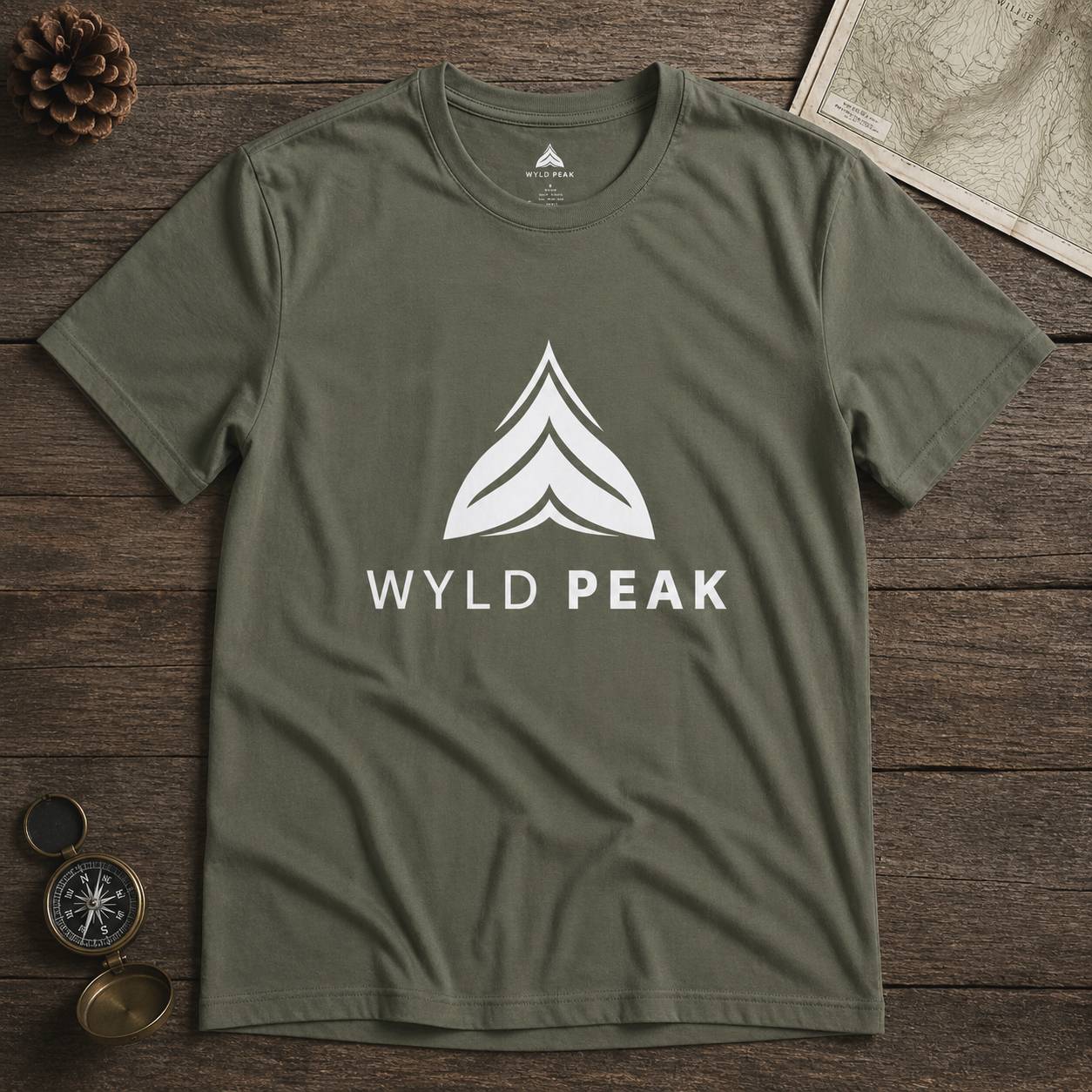 Green t-shirt with 'Wyld Peak' logo on a wooden surface