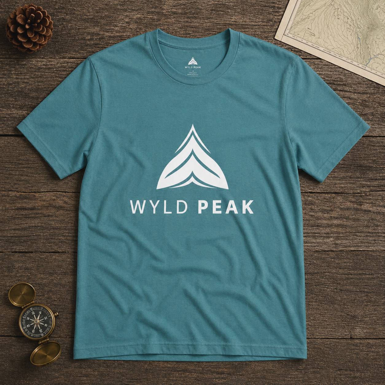 Teal t-shirt with 'WYLD PEAK' logo on a wooden surface with a compass and map.