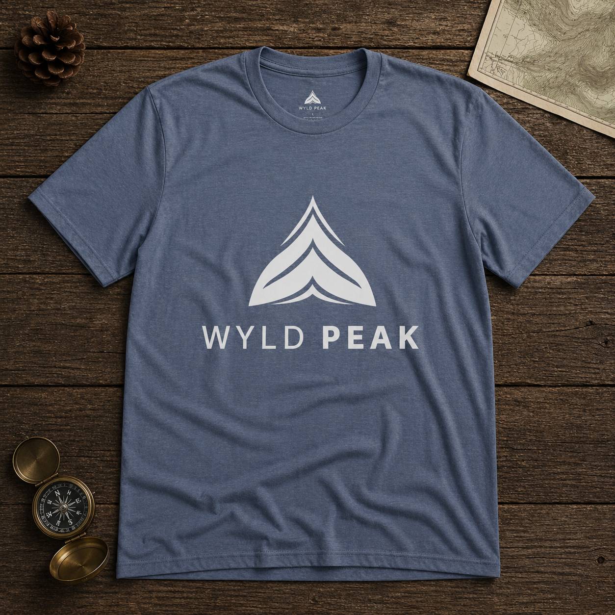 Blue t-shirt with 'Wyld Peak' logo on a wooden surface