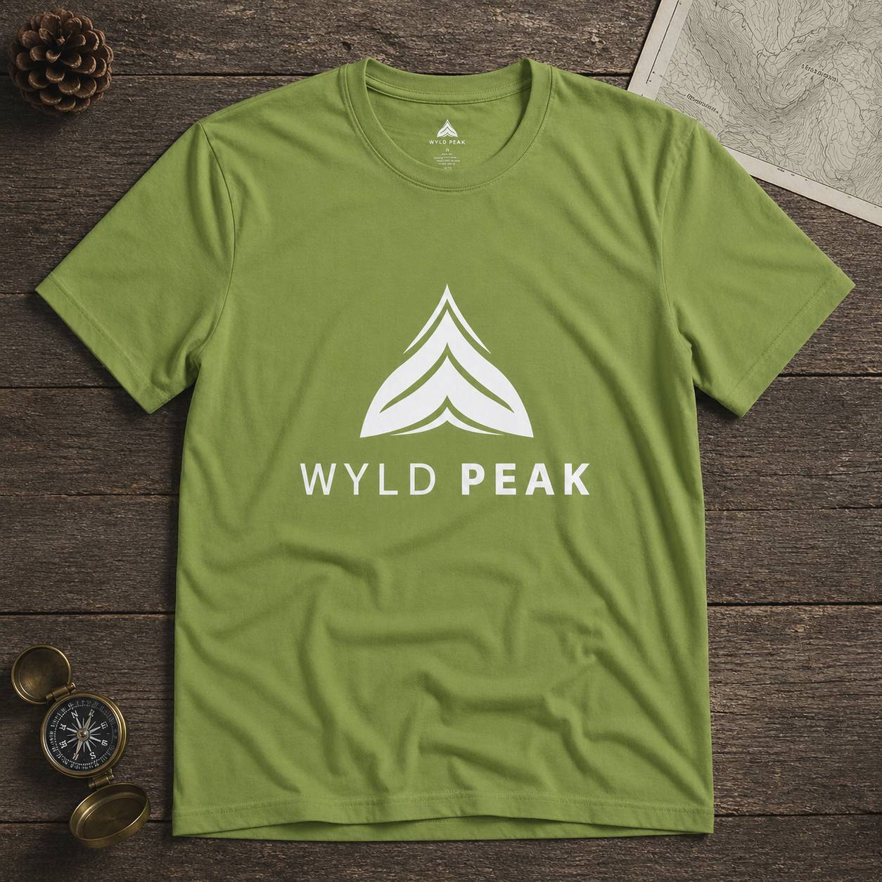 Green t-shirt with 'Wyld Peak' logo on a wooden surface
