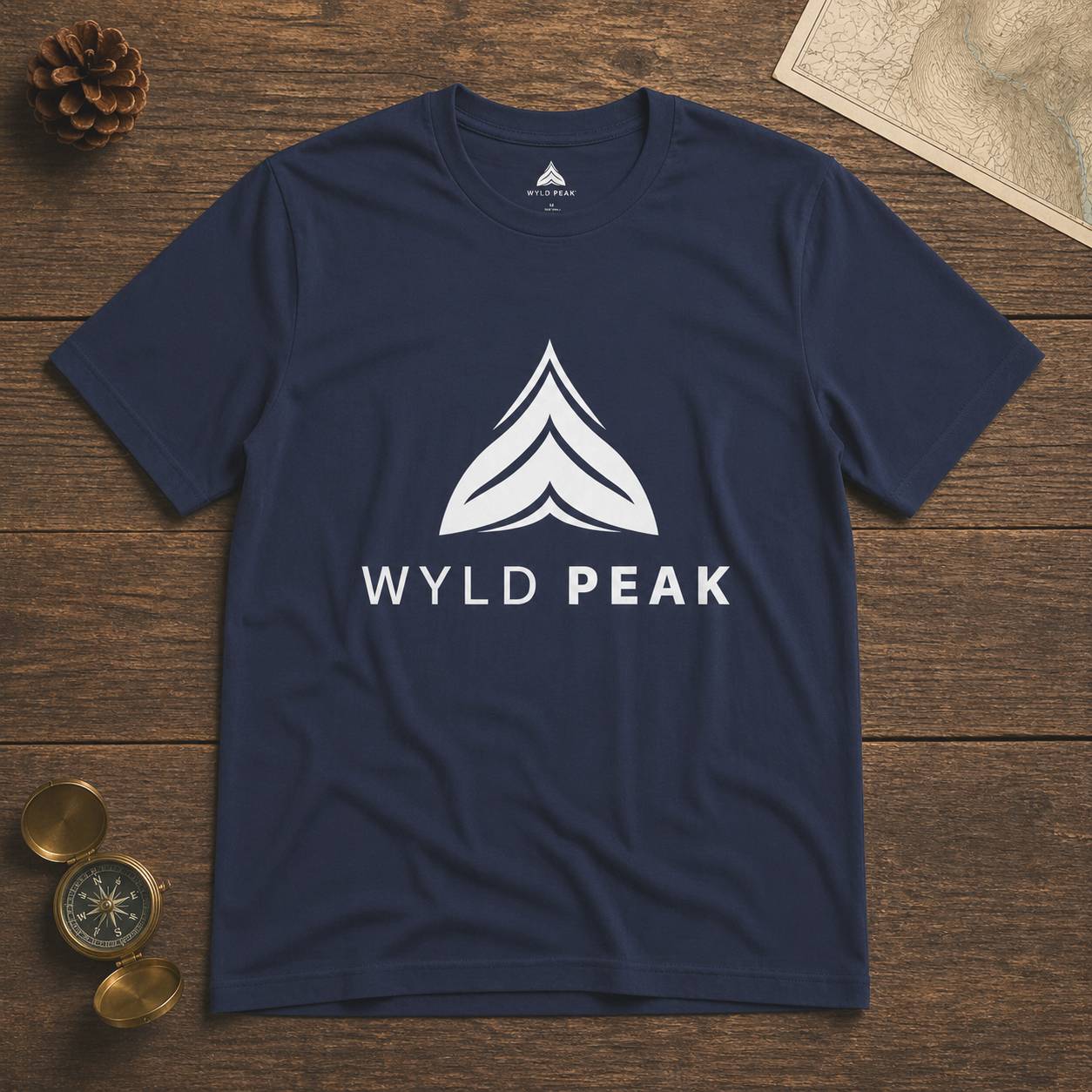 Navy blue t-shirt with 'Wyld Peak' logo on a wooden surface with decorative items.